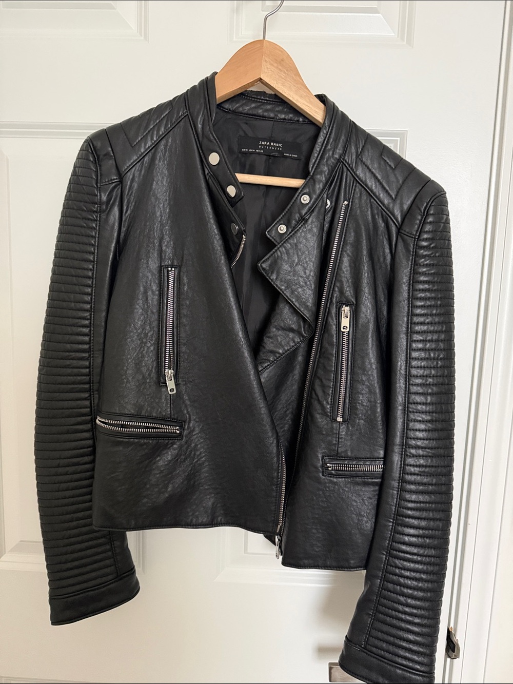 Zara Black Quilted Sleeve Faux Leather Moto Jacket